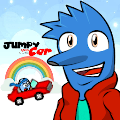 Cheerful blue cartoon bird in a red jacket with a big smile, foreground; a small red toy car and a rainbow arc in the background with playful text